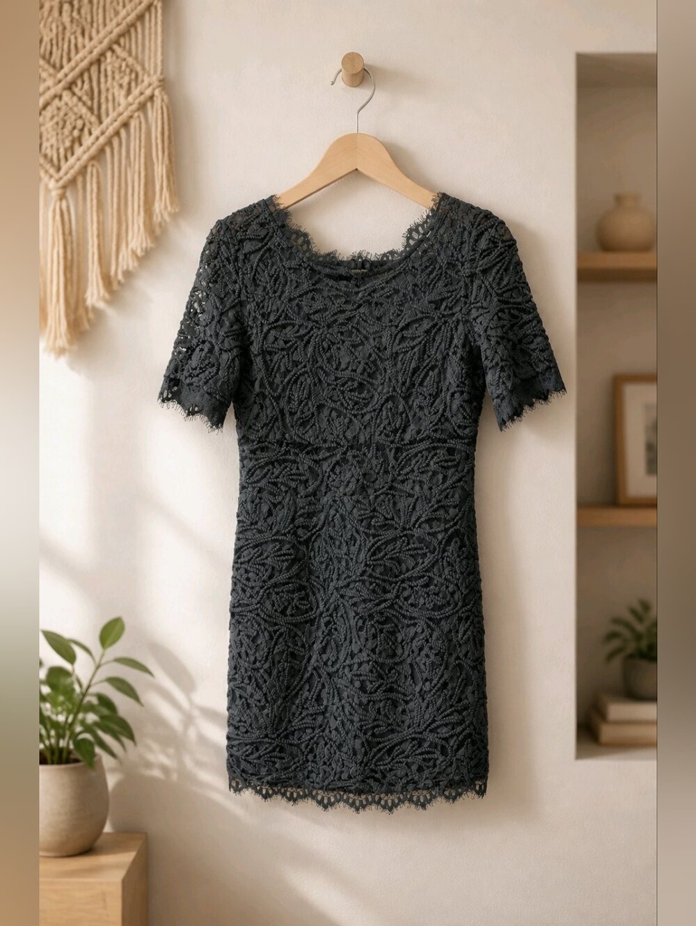 Vintage LBD Lace Overlay Soutache & Rope Embroidery Sheer Short Sleeves SZ Med